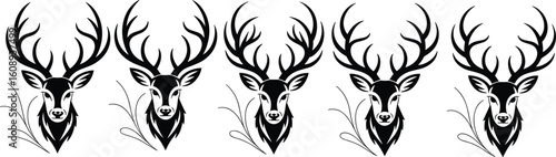 Deer head silhouette vector set, majestic antler design, wildlife animal illustration, forest buck icon collection, nature themed graphic element

 flat vector illustration