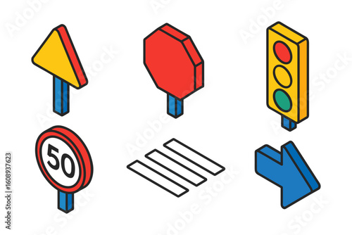 Isometric traffic signs and signals: road safety essentials in modern design