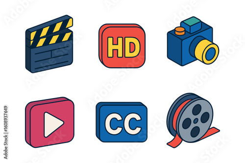 Stylish media and entertainment icons in isometric design