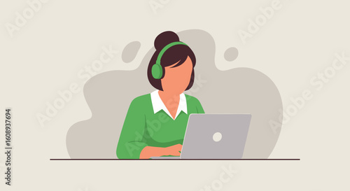Woman with headphones working on laptop, ideal for websites and blogs about remote work, communication, or customer service.