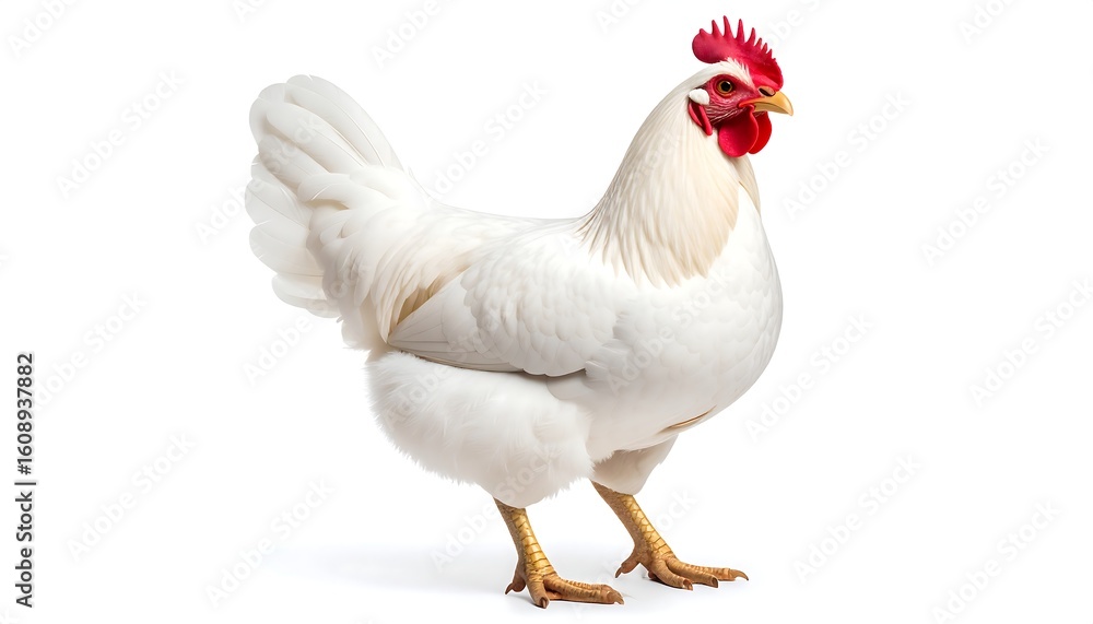 A full-body shot of a white chicken against a white background A full-body shot of a white chicken against a white background