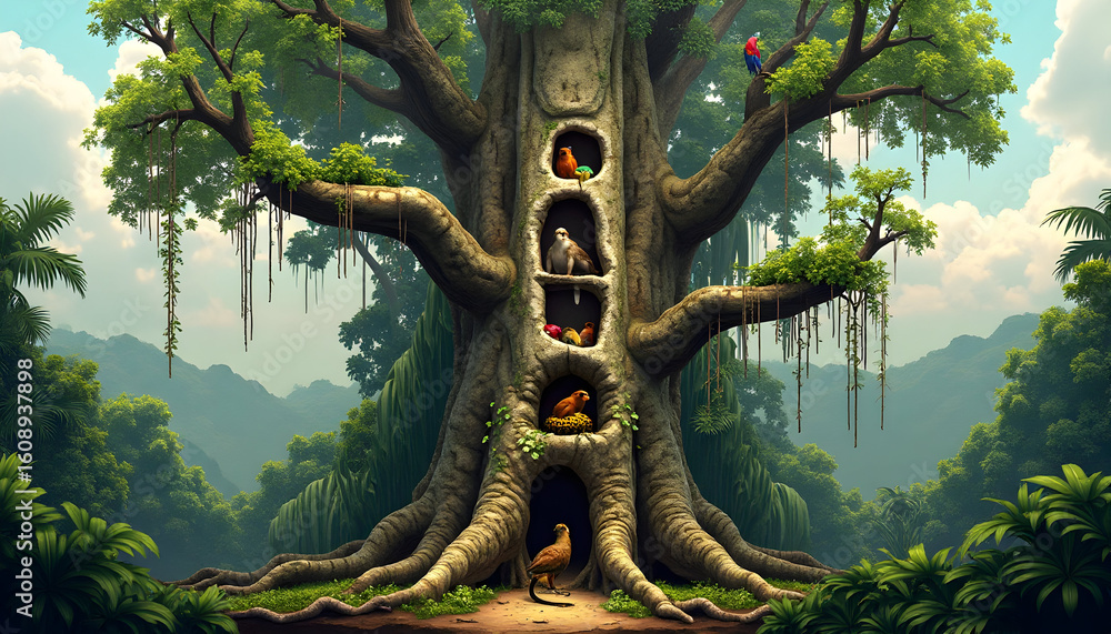 Fototapeta premium Enchanted Tree Home: A whimsical tree dwelling with birds and nests in a lush forest