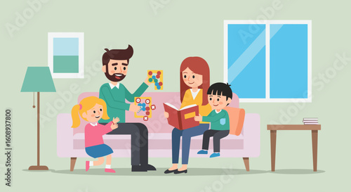 Happy family spending quality time together at home, perfect for family blogs, parenting websites, or children's book illustrations.