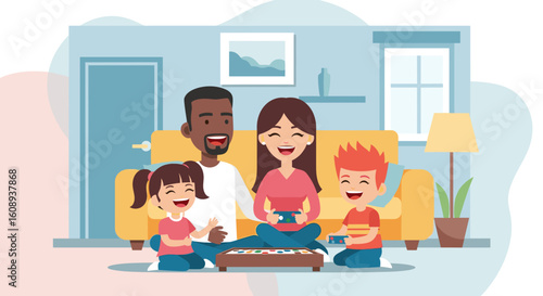 Happy family playing games at home, perfect for family blogs and websites.