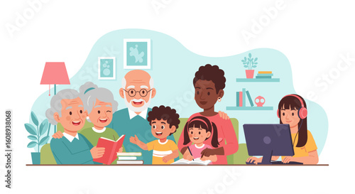 Multigenerational family learning and working together at home. Perfect for education, family, and technology websites and brochures.