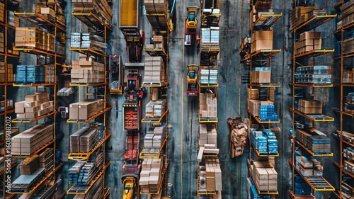 Warehouse with stocked shelves and machinery. AI.