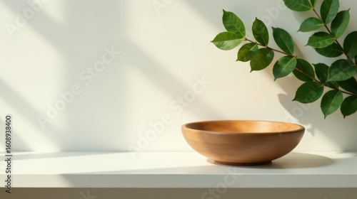 Empty wooden bowl on a white surface with sunlight and green leaves