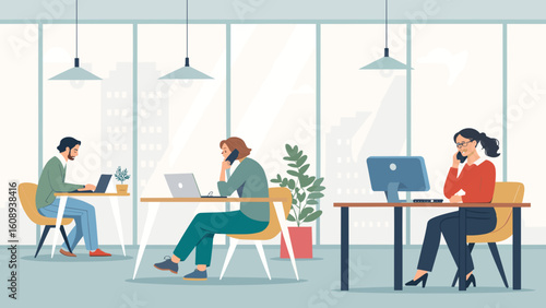 Modern Coworking Space Illustration: Diverse Team Working on Laptops and Computers