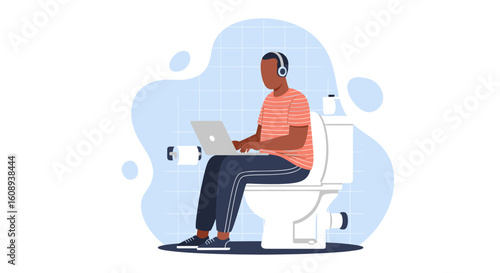 Man working on laptop while sitting on toilet - Illustration for articles about remote work, work-life balance, or humorous situations.
