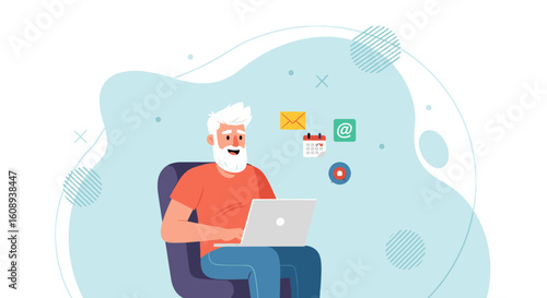 Happy senior man using laptop, perfect for websites or brochures promoting technology for seniors.