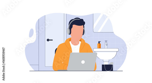 Man working on laptop in bathroom, perfect for blog posts about remote work or work-life balance.