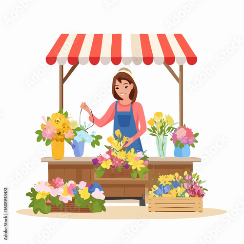 Colorful Flower Stall Illustration A cheerful florist arranging vibrant blooms at a charming market stand