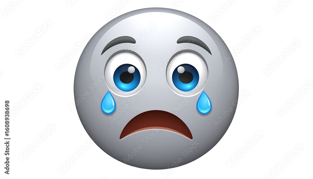 Fototapeta premium A grey emoticon with blue eyes, frowning, and shedding single tears