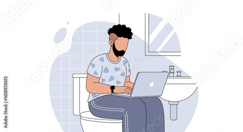 Illustration of a man working on his laptop while sitting on the toilet, perfect for articles about work-life balance or remote work.
