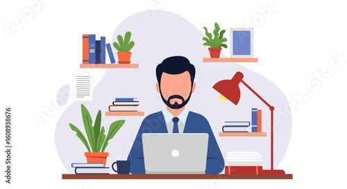 Man working on laptop at home office, perfect for blog posts about remote work or productivity.