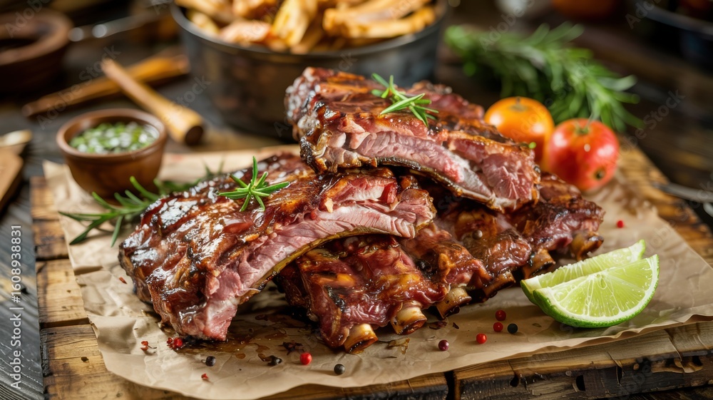 Smoked barbecue ribs is a dish that combines the aroma of smoking and the taste of barbecue. The ribs are marinated, then smoked on the grill, and covered with barbecue sauce. Smoked barbecue ribs is a dish that combines the aroma of smoking and the taste of barbecue. The ribs are marinated, then smoked on the grill, and covered with barbecue sauce.