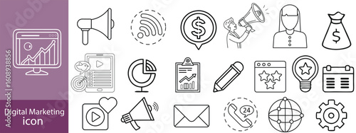 Set of digital marketing line icons. Management, seo, target, ad, analytics etc