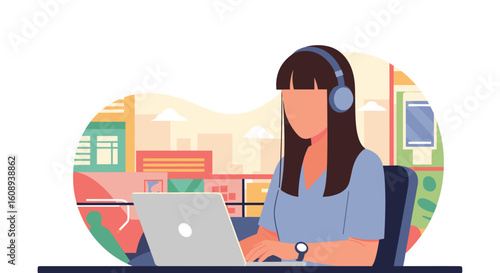 Woman working on laptop, perfect for website banners or blog posts about remote work, communication, or technology.