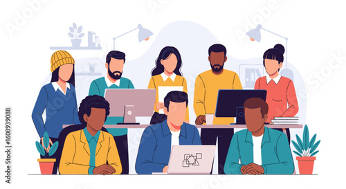 Diverse team of professionals collaborating on a project in a modern office, ideal for website banners or company brochures.