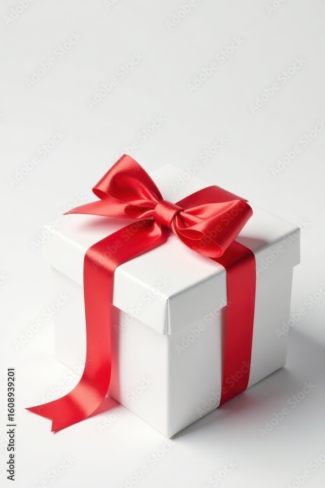 Fototapeta premium A pristine white gift box adorned with a vibrant red ribbon, a symbol of celebration and thoughtful presentation
