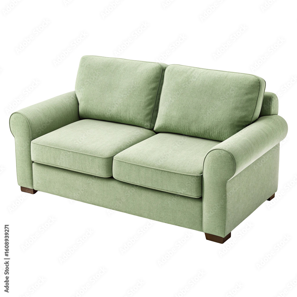 Fototapeta premium Comfortable light green two seater sofa with plush cushions isolated on transparent background