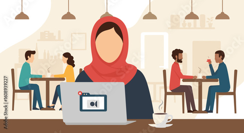 Woman on video call in cafe, diverse group of people in background. Ideal for website banners, blogs about remote work, or diversity in business.