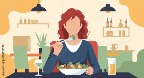 Woman enjoying a healthy salad in a stylish restaurant - perfect for food blogs, healthy eating campaigns, or restaurant marketing.
