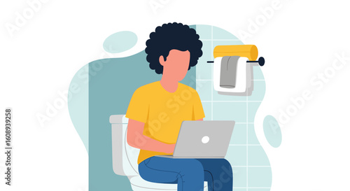 Man working on laptop in bathroom, illustration for blog post or website.