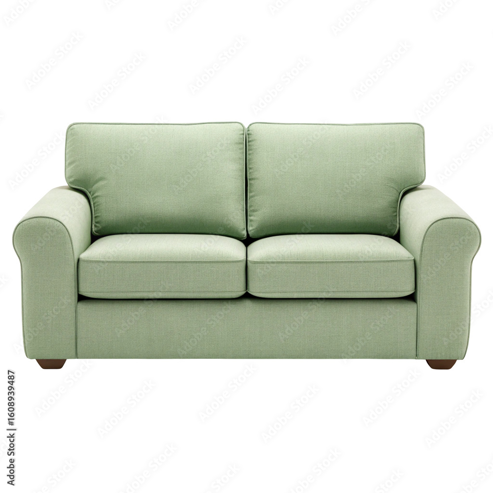 Comfortable light green two seater sofa with plush cushions isolated on transparent background Comfortable light green two seater sofa with plush cushions isolated on transparent background