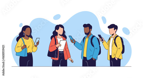 Diverse group of young adults using smartphones and tablet - perfect for websites, app interfaces, and social media.