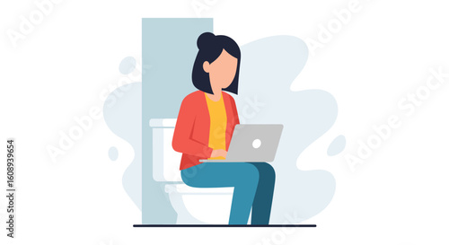 Woman working on laptop while sitting on toilet - Illustration for articles about work-life balance or remote work challenges.