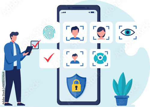Biometric Security and Mobile Identity Verification: Man Using Tablet for Facial Recognition, Fingerprint Scan, and Eye Scan on Smartphone for Secure Authentication, Data Protection