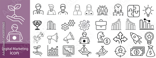 Set of digital marketing line icons. Management, seo, target, ad, analytics etc