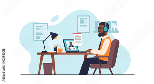 African American man in video conference, perfect for illustrating remote work, online meetings, or virtual communication.