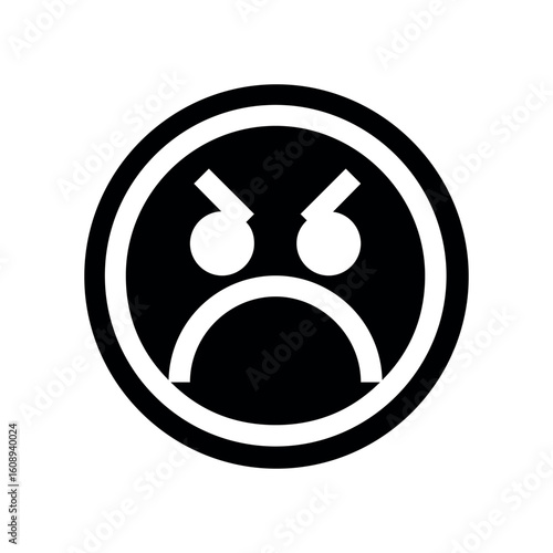 Black and white angry face emoticon inside a circle with frowning mouth and furrowed eyebrows design