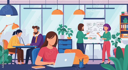 Modern office workers collaborating on a project, perfect for website banners or business presentations.