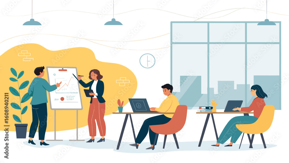 Fototapeta premium Teamwork in a modern office: colleagues collaborating on a project, perfect for business presentations or website landing pages.