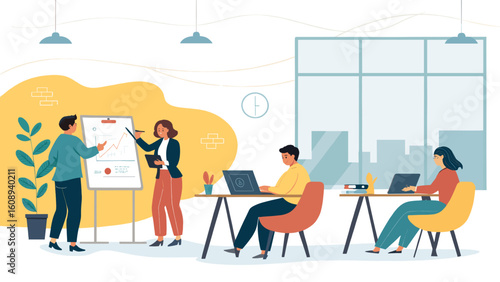 Teamwork in a modern office: colleagues collaborating on a project, perfect for business presentations or website landing pages.