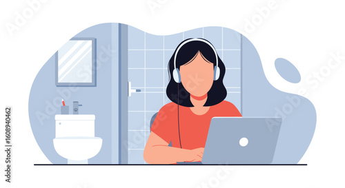 Woman working from home on laptop, wearing headphones in a bathroom setting. Ideal for remote work, freelance, or online learning concepts.