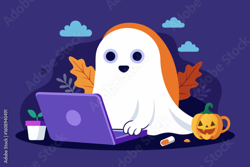 Funny Ghost Using a Laptop Modern Halloween