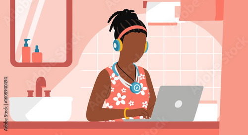 Woman working on laptop in bathroom, perfect for blog posts about work-life balance or remote work.