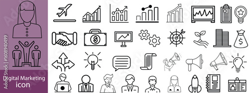 Set of digital marketing line icons. Management, seo, target, ad, analytics etc