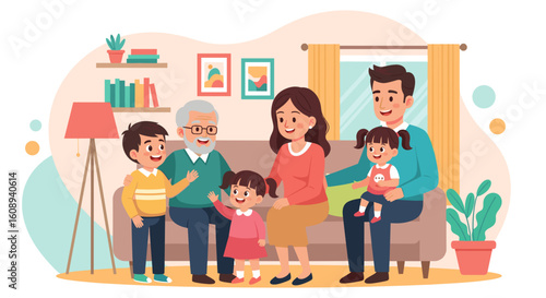 Happy multigenerational family sitting together on a couch, perfect for family, togetherness, and generational themes.