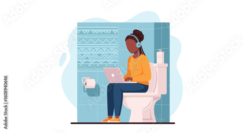 Woman working on laptop in bathroom, perfect for articles on remote work, work-life balance, or humor.