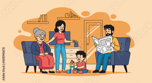 Happy multigenerational family spending time together at home, perfect for family, togetherness, and generational themes.