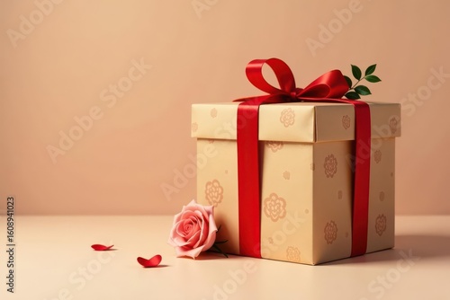 A gift box adorned with a vibrant red ribbon and delicate floral pattern, accompanied by a single pink rose and scattered petals, creating a romantic and celebratory scene.