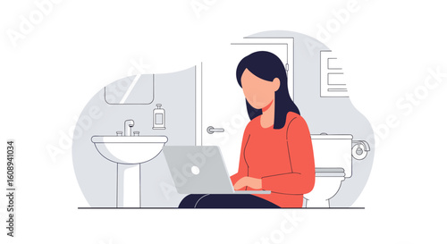 Woman working on laptop in bathroom - Illustration for blog, website or social media.