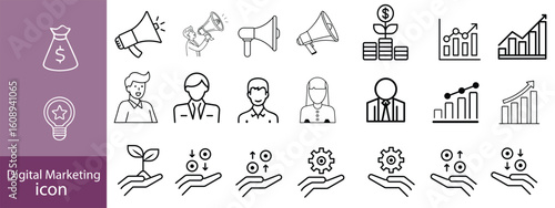 Set of digital marketing line icons. Management, seo, target, ad, analytics etc