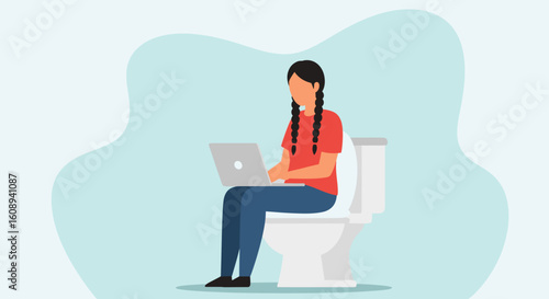 Woman working on laptop while sitting on toilet - illustration for articles about work-life balance, modern lifestyle, or humor.