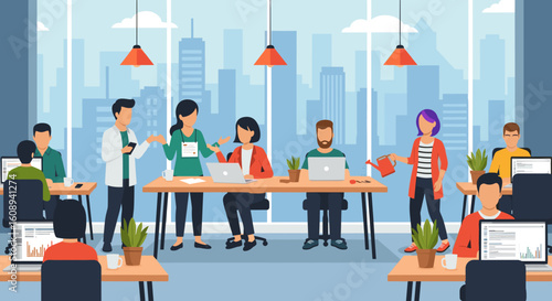 Modern co-working space illustration: Diverse team collaborating, ideal for websites, brochures, and presentations.